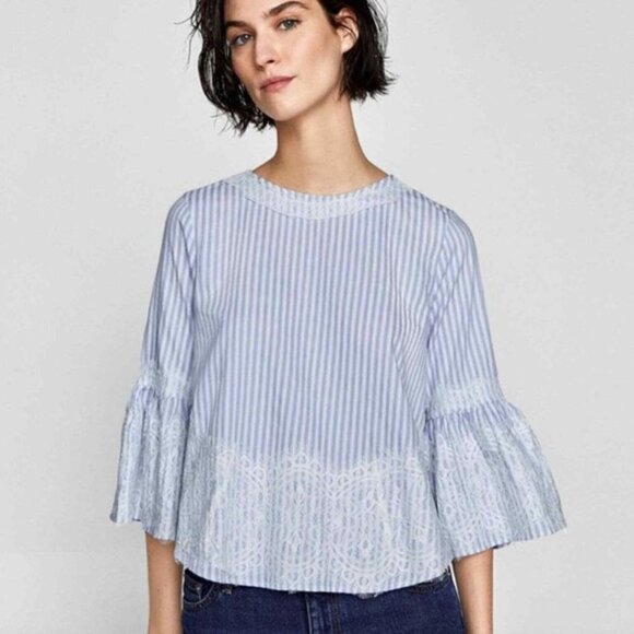 Zara Blue and White Striped Long-Sleeve Lace Detail Top Size X-Small - Picture 1 of 8